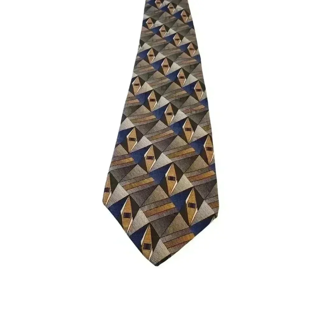 Platinum Designs Tan Blue‎ Geometric 100% Silk Classic Men's Tie Business Church